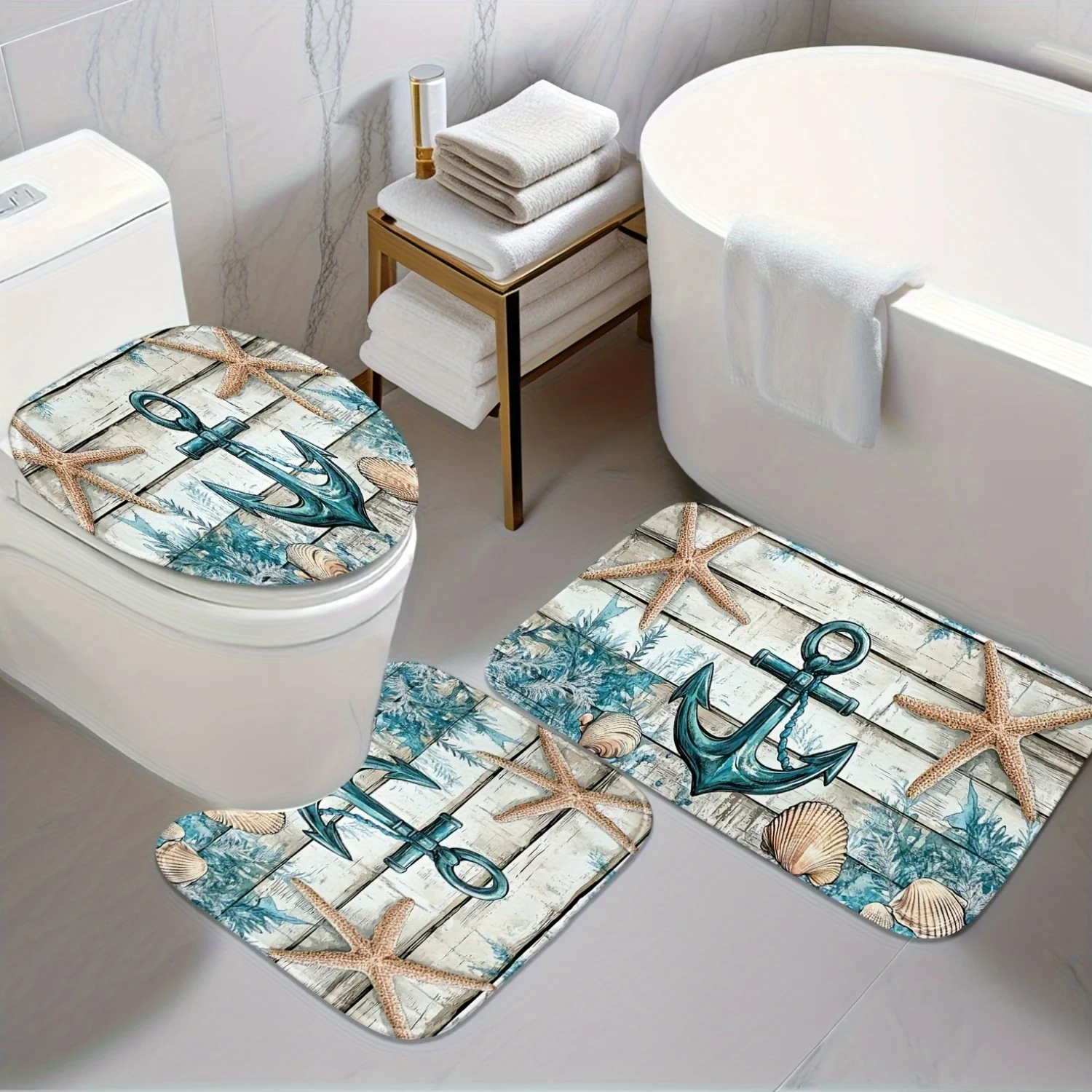 

3 шт. Морской синий якорь и морская звезда, U-образный коврик, нескользящий коврик, коврик для крышки унитаза, подходит для украшения ванной комнаты