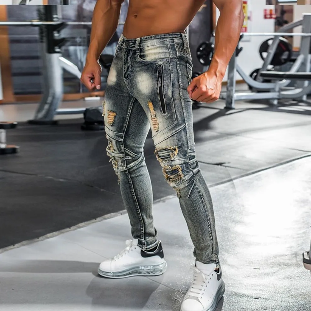 Locomotive Handsome Jeans Men Slim Breathable Invisible Open Crotch Outdoor Sex Gym Casual Denim Ripped Splicing Elastic Vintage