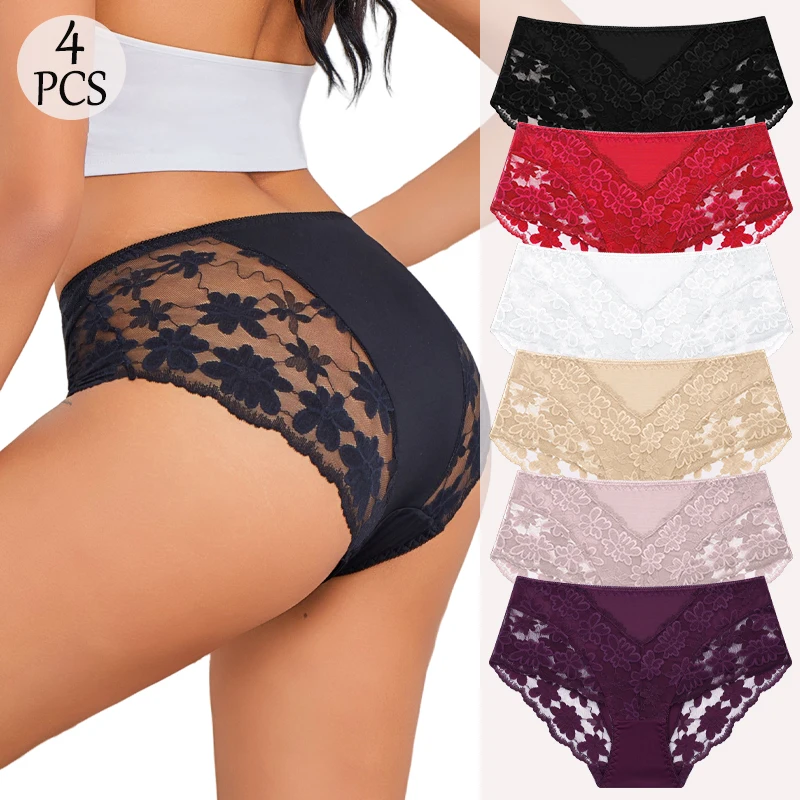 4PCS Sexy Spitze Blumen Höschen Für Frauen Einfarbig Aushöhlen Perspektive Unterhose Weibliche Atmungsaktive Intime Dessous S-XXL