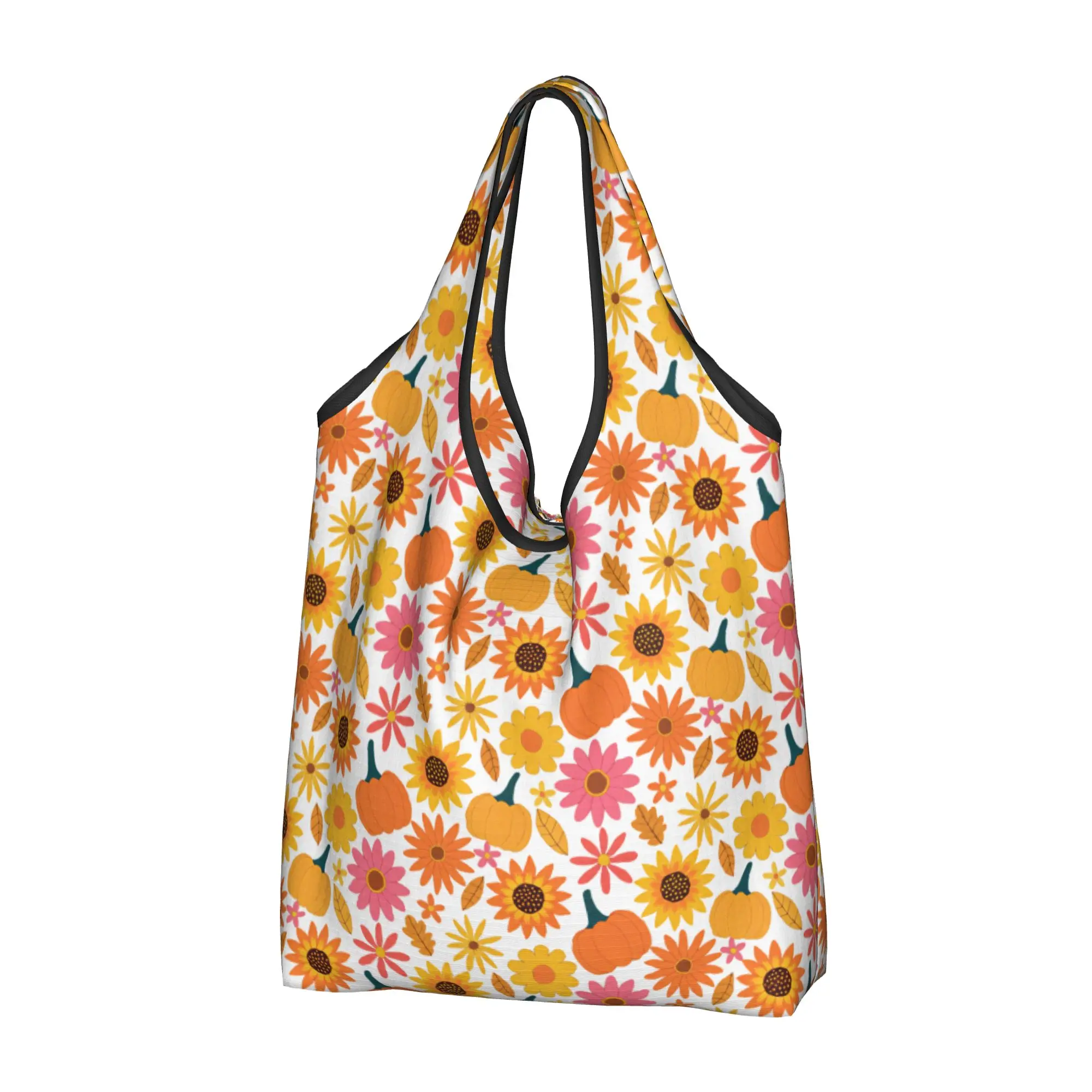 Reusable Pumpkins Sunflowers Retro Flowers  Shopping Bag Women Tote Bag Portable Autumn Leaves  Grocery Shopper Bags