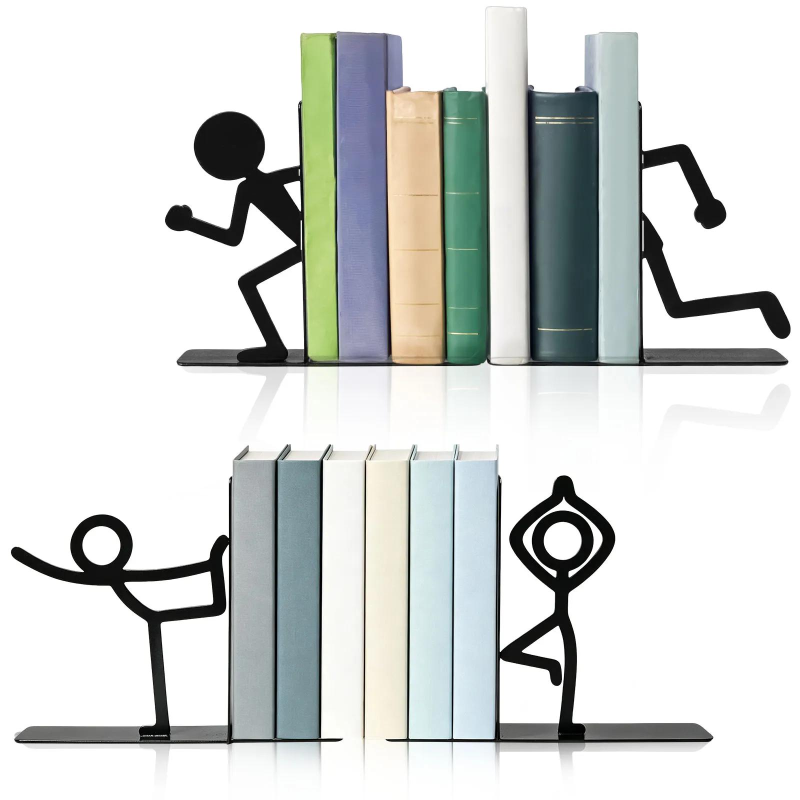 2 Pairs Creative Figurine Silhouette Metal Bookends Rust Resistant Running Yoga People Bookends for Bookshelf Desk Office Use