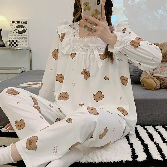 Primavera e autunno nuove donne pigiama pizzo pantaloni a maniche lunghe stampa orso principessa Cartoon Loungewear Set pigiama