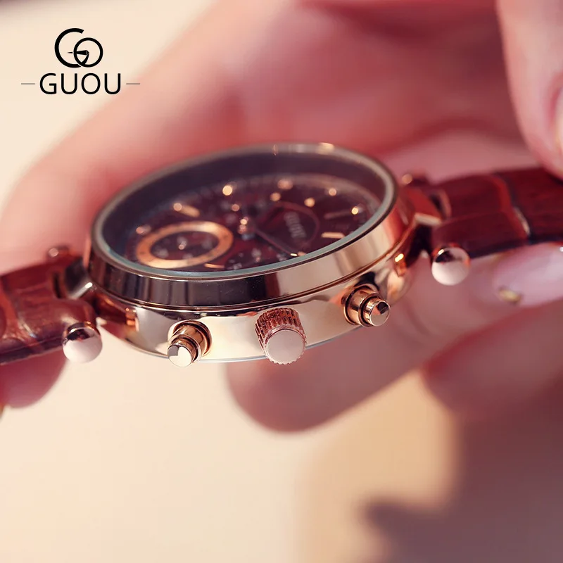 Fashion Guou Top Brand Retro Student Genuine Leather Belt Three Eye Multifunctional Lady High-end Gift Wrist Watches