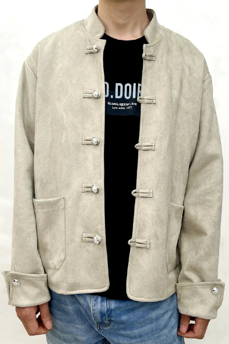 

New 2024 Chinese Sle Retro Button down Jaet Suede Texture Casual Sle Long Sve Stand Collar Stand Fit Youth Spring...
