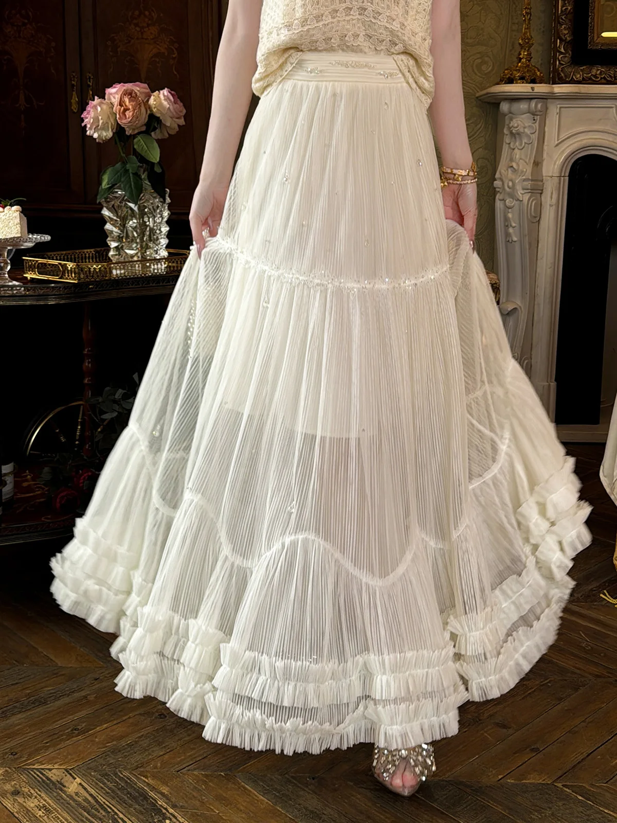 

Юбка А-силуэта с кружевной отделкой, высокая талия, нейлон, повседневная, волшебная, средней длины, от Yuxiao Xiao, осень 2025...