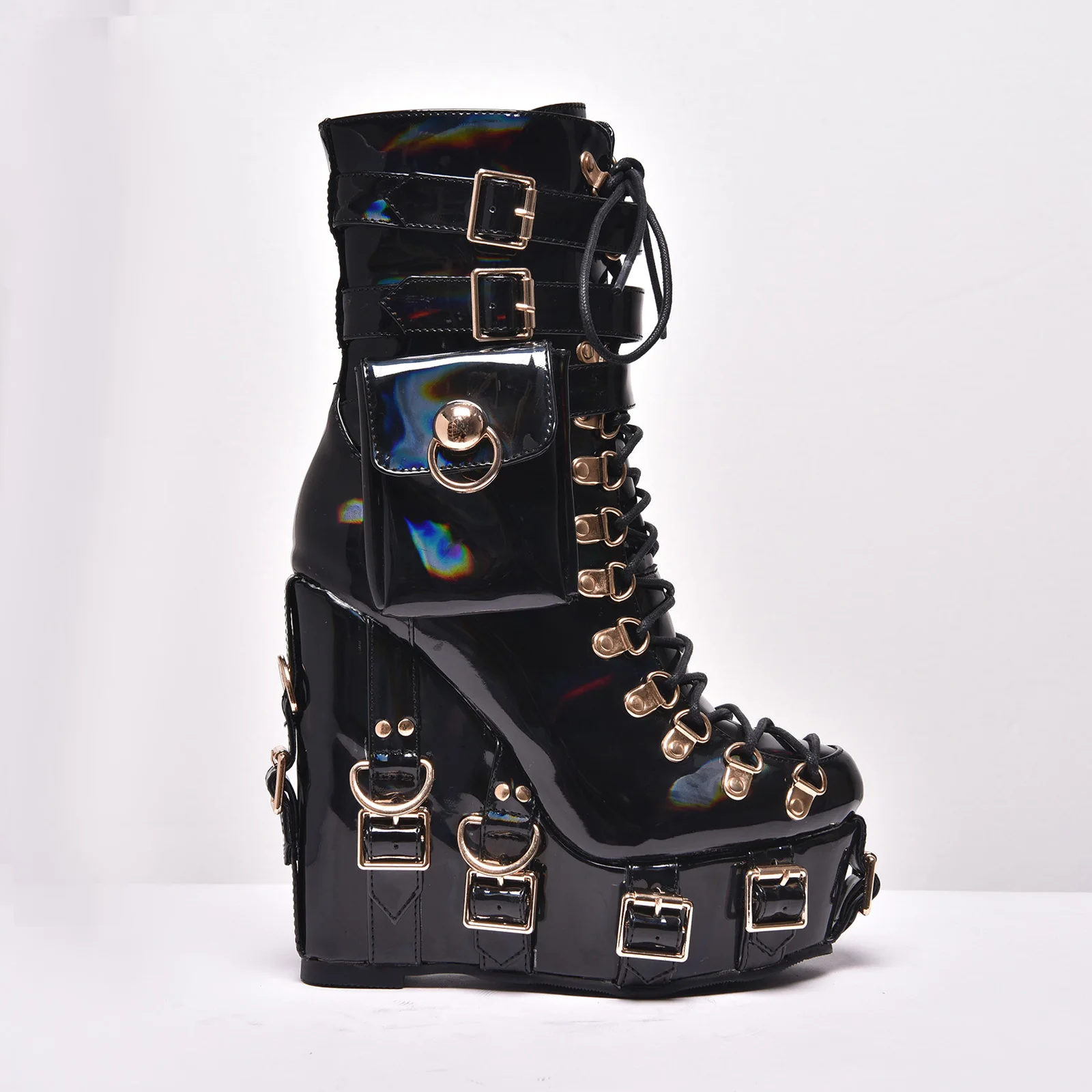 Black Patent Wedge Platform Ankle Boots Gold Buckle Straps Pocket Zipper Gothic Punk Cosplay Stage Women Fashion MotorcycleBoots