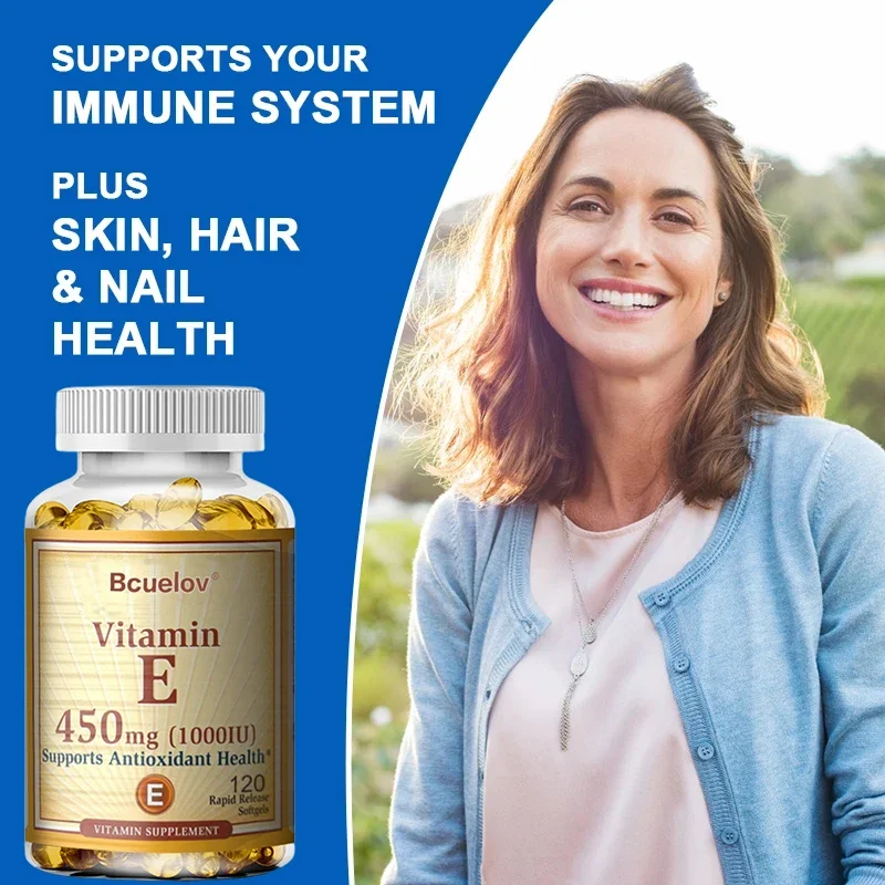 Bcuelov Vitamin E Vegetarian Capsules, Non-GMO, Provides Nutrition for Skin and Immune System, Fights Free Radicals, Antioxidant