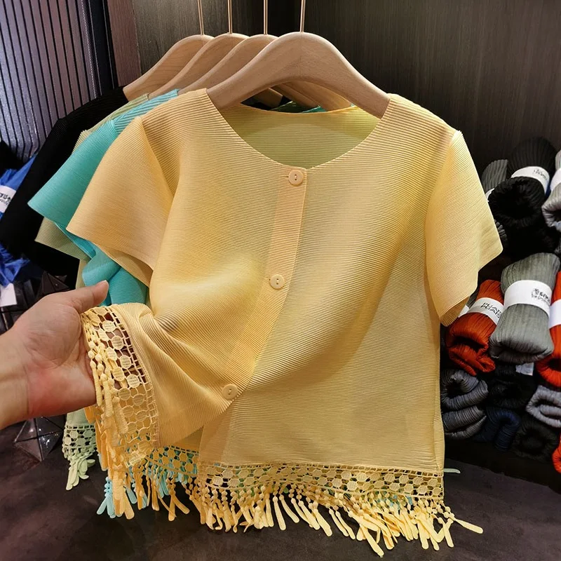 

Miyake Pleated Shirt Tassel Design Sense Miyake Fold Short Jacket 2025 Summer New Solid Loose Simple Leisure Cardigan Pleat Tops