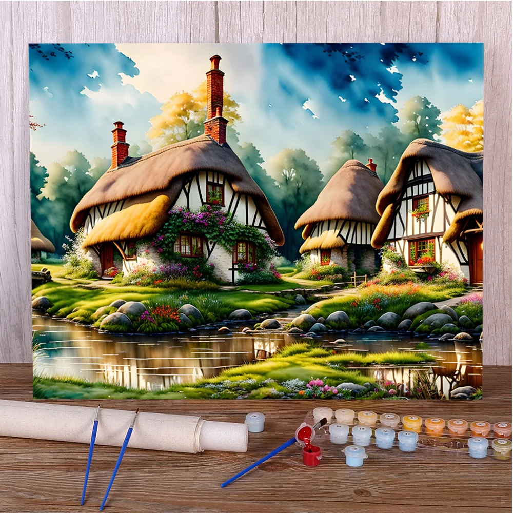 Landscape House By River Paint By Numbers 40x50 Oil Paint Crafts Supplies For Adults Home Decoration Gift For Wife Wholesale HOT