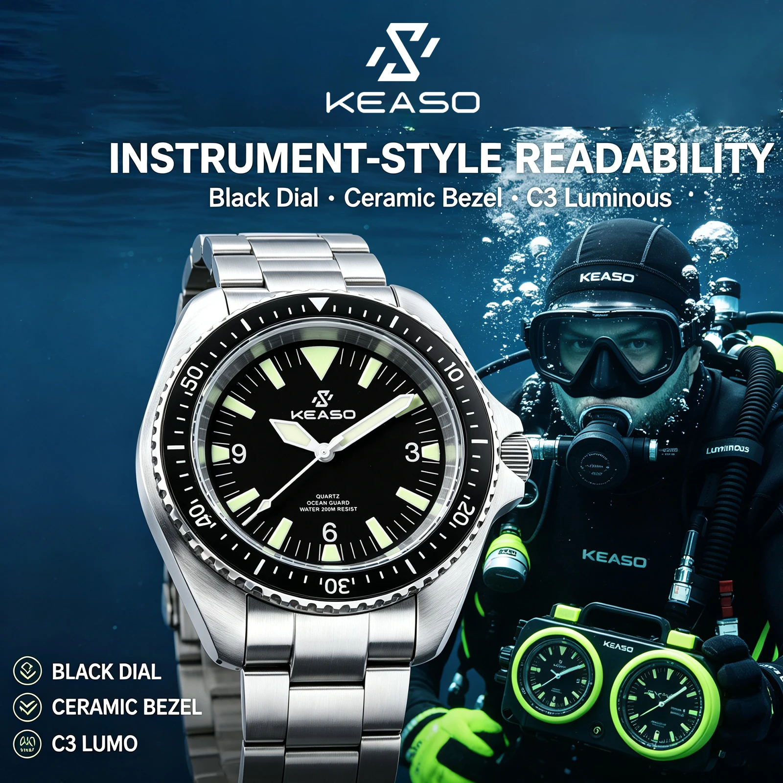 Men's 2026 Quartz Diver Watch 44.5mm 2115 200M Waterproof Sapphire Crystal Ceramic Bezel C3 Luminous 316L Steel Black Dial Scuba