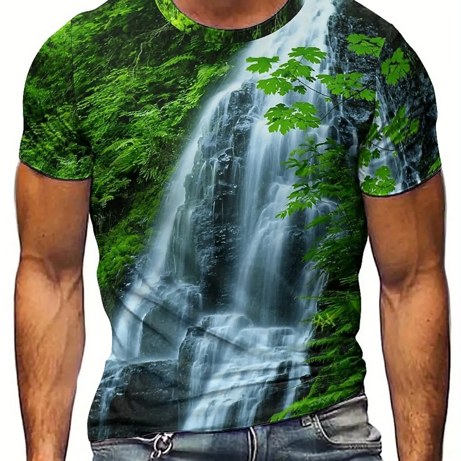 Men's 3D Printed Waterfall & Greenery Graphic T-Shirt - Breathable Short Sleeve Tee for Outdoor Activities