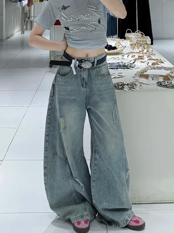 

Мужские джинсы High Street Cleanfit с широкими штанинами и эффектом потертости, свободные прямые брюки для женщин, повседневная одежда