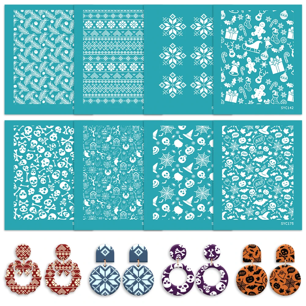 

Christmas Gingerbread Halloween Skull Tomb Polymer Clay Silk Screen Stencils for Printing Clay Stamps Jewelry Earrings Decor