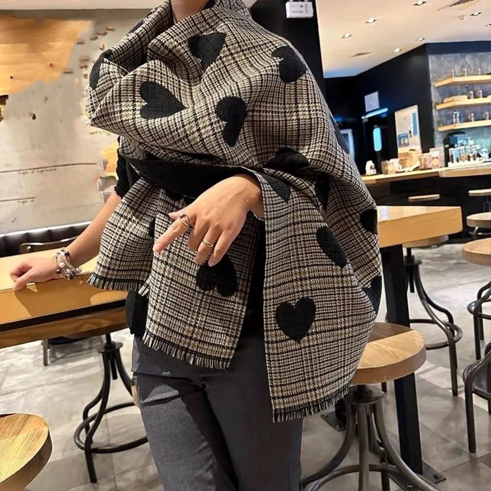 

Gift Acrylic Fibers Heart Knitted Scarf Soft Tartans Printed Double-sided Scarf Hijab Warmer Long Thickened Shawl Winter