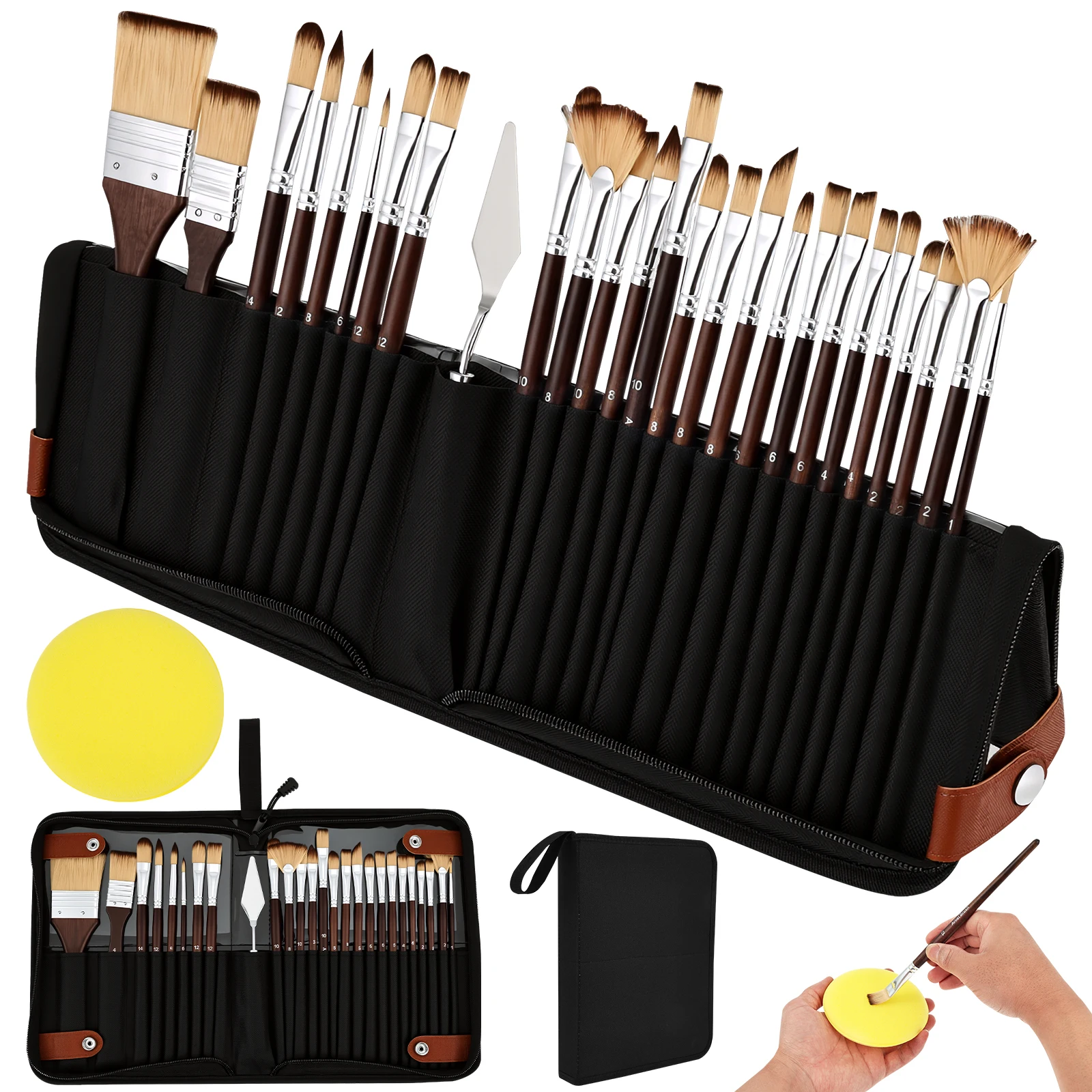 

26PCS Paint Brush Set Professional Acrylic Paint Brushes With Flat Fan Round Palette Knife and Storage Bag for Artist Beginners