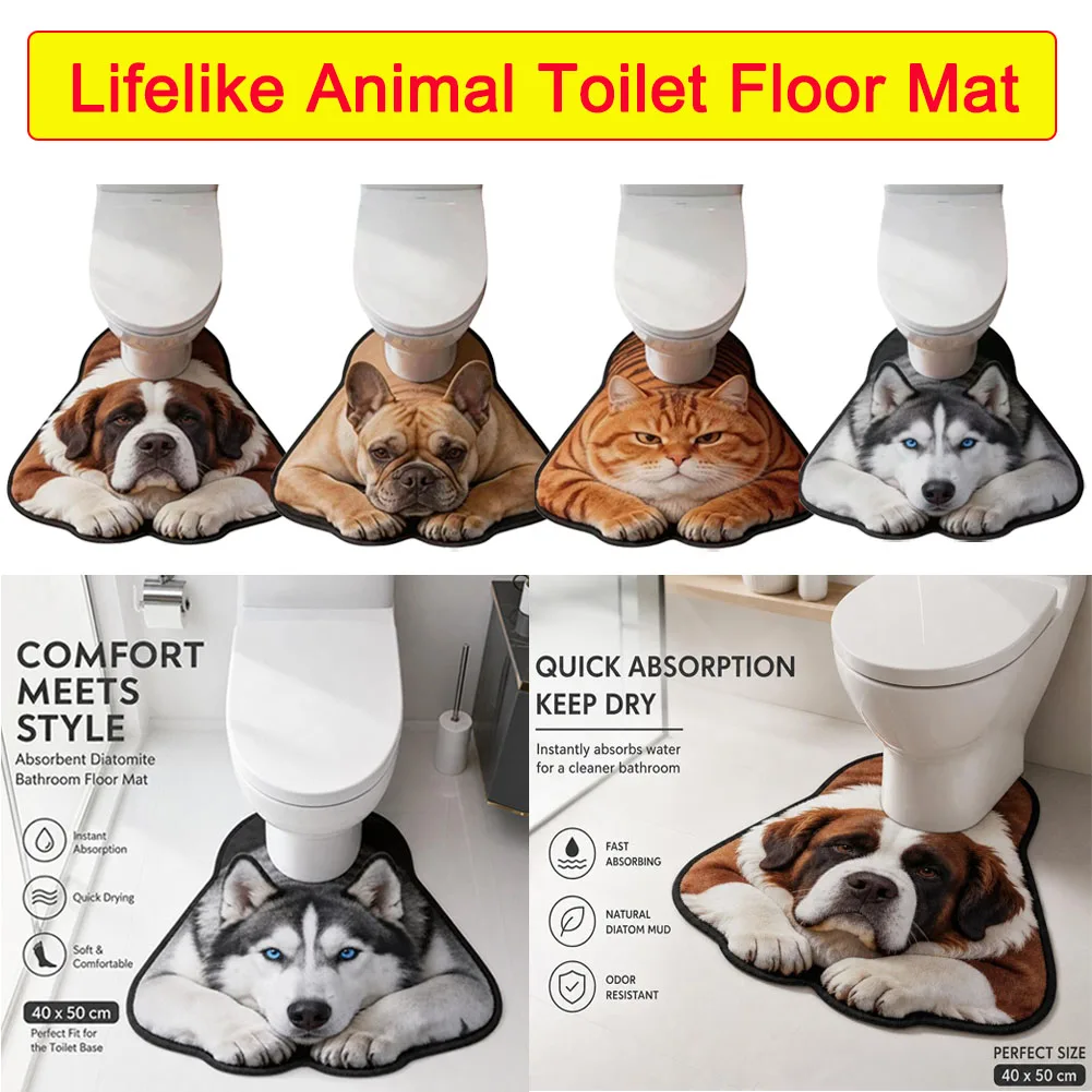 40×50CM Lifelike Animal Toilet Floor Mat Non-slip Diatomaceous Earth Toilet Rug Washable Water-absorbing