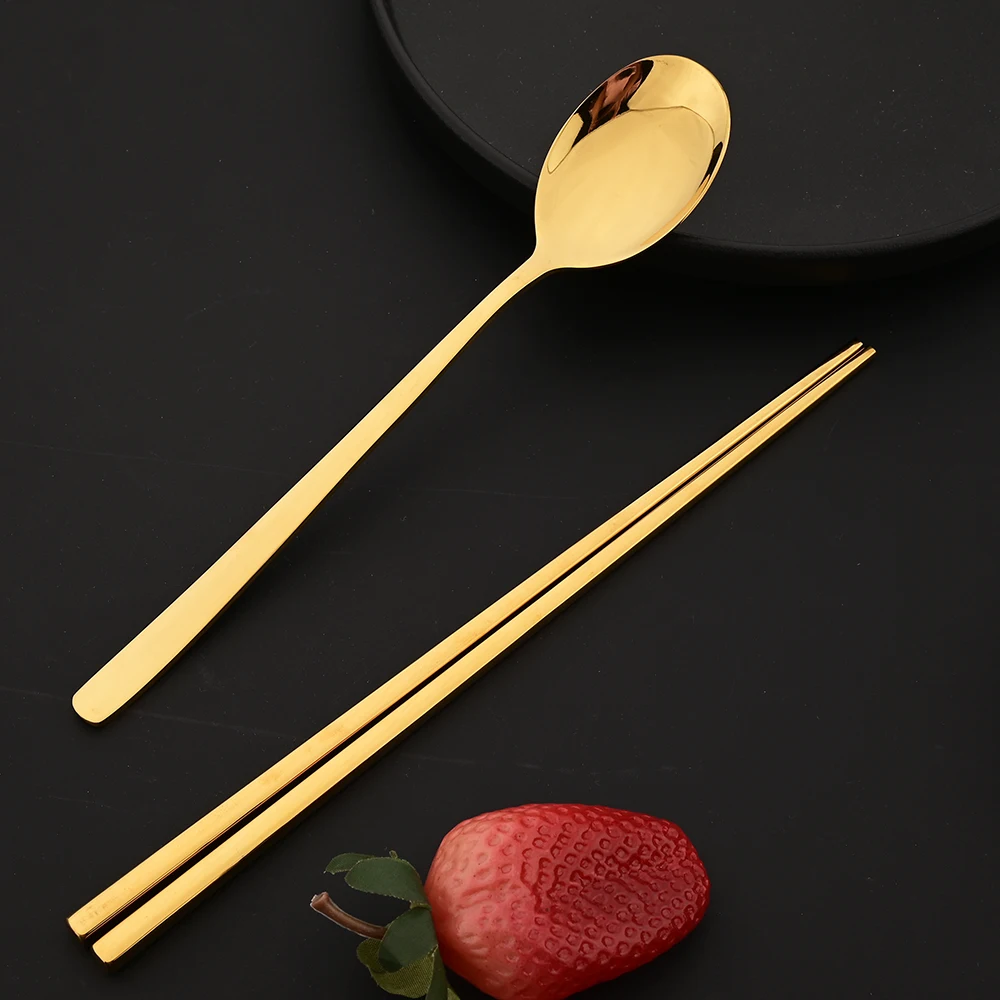 5Set Black Gold Portable Travel Cutlery Set Chopsticks Spoon 304 Stainless Steel Korean Dinnerware Set Luxury Tableware Set