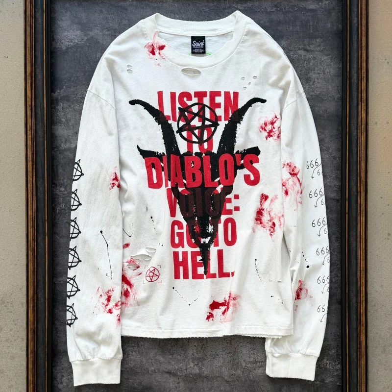 Latest Hip-Hop Voice of the Devil Hand-drawn Ink Wash Handmade Distressed Fall Loose-fit Vintage