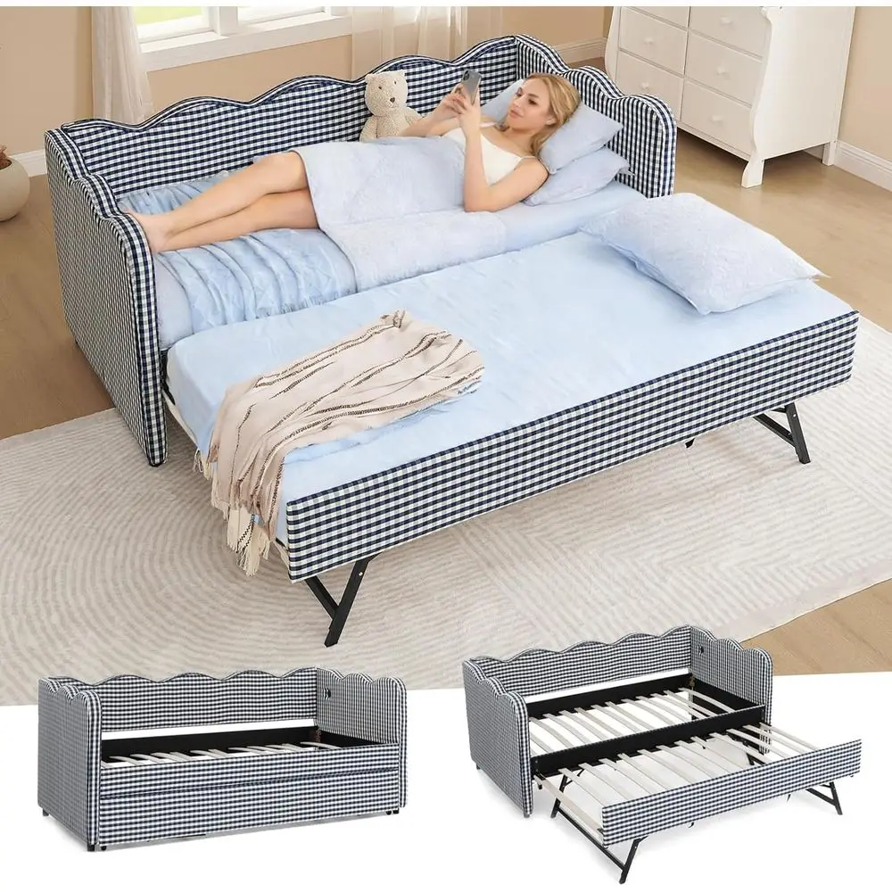 Cama Individual de Lino Azul Marino con Diseño de Cuadros Vichy, con Cama Nido Extraíble y Puerto USB para Dormitorio, Sala de Estar o Habitación de Invitados - No Requiere Somier