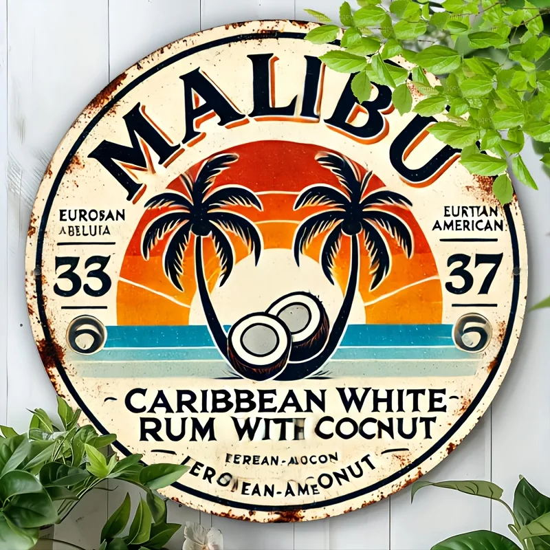 Vintage Malibu Rum Coconut Aluminum Wall Sign - Retro Tropical Decor with Palm Trees & Sunset Design, Perfect for Home, Bar