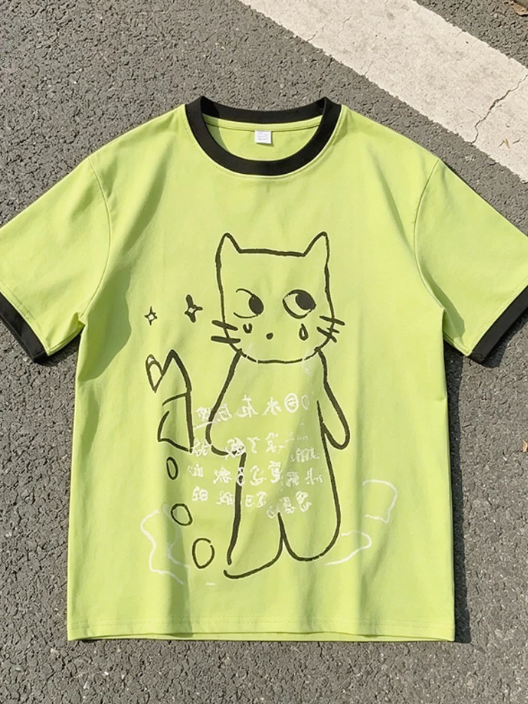 Sommerliches japanisches Cartoon-Print-T-Shirt für Damen – Y2K Ästhetik, Kontrastfarben, Kawaii, Harajuku Patchwork, lässige Oberteile