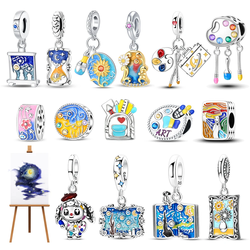 Pintura artística de Plata de Ley 925, tablero de dibujo de artista de cielo estrellado de ensueño, pincel, cadena apta para pulsera DIY, collar, regalos de galería