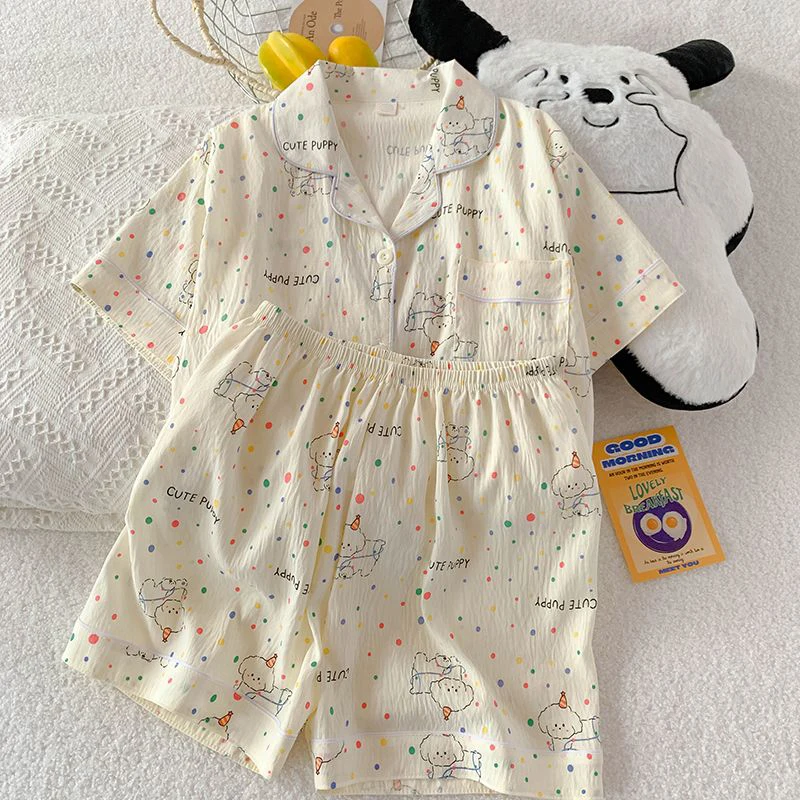 Summer Pajamas for Women, Thin Polka Dot Puppy Pattern Short-Sleeved Shorts, Sweet and Cute, Can Be Worn Outside in Summer, Two-Piece Home Wear Set