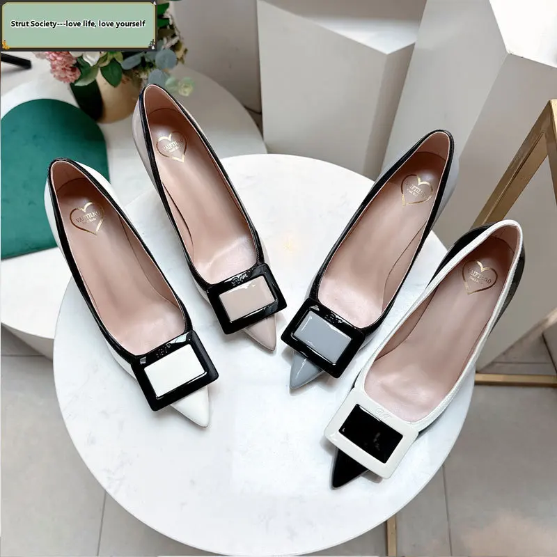 

High heels black and white panda color RV square buckle shallow round-toe women's high heel pumps