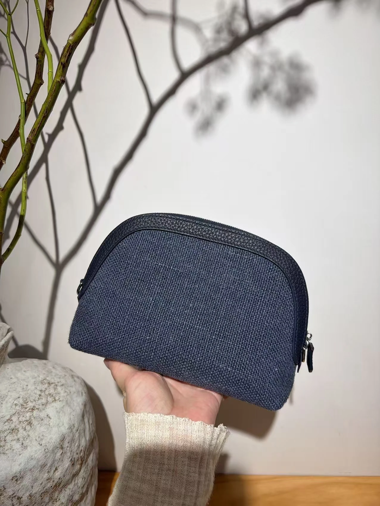 Echtes Leder Canvas Schulter-Crossbody-Tasche, tragbare Kosmetiktasche mit Kette, Damen-Clutch, Make-up-Tasche, Toilettentasche – Detail 8