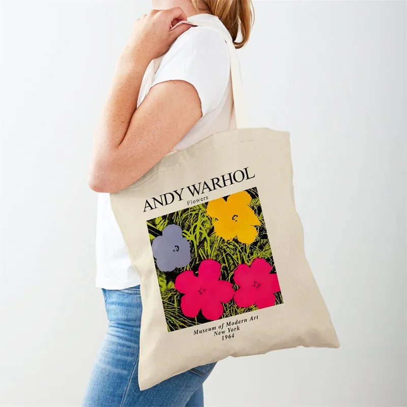 Vintage Art Andy Warhol Women\'s Shoulder Bag Eco Shopping Bag Casual Women Canvas Tote Flower Abstract Printing Handbag Gift