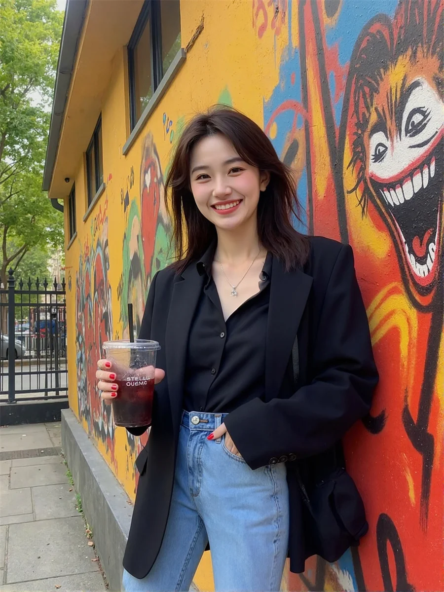 

Женские современные пиджаки, черно-белые отложные воротники, прогулки, вафельные, без пуговиц, с вышивкой, блокированные, подходят для средней жизни, хит суставов