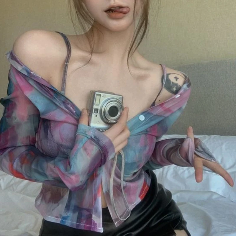 Spring Summer New Sexy Shirt Women POLO Collar Fashion Long Sleeve Button Cardigan High Street Printing Sheer Thin Style Tops