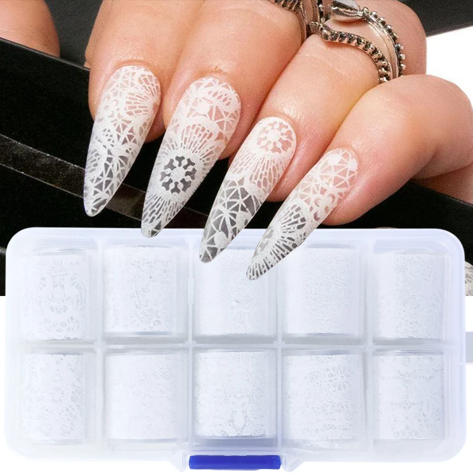 10 Roll/ Box Nagel Kunst Elegant Transfer Folie Aufkleber Set Schwarz Weiß Spitze Blume Klebstoff Starry Papier Maniküre Gel wraps Decals