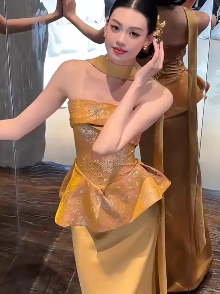 

New Chinese Style Bridesmaid Dresses Gold Fish Tail Wedding Gown Women's High-End Feeling Retro National Style Morning Robe