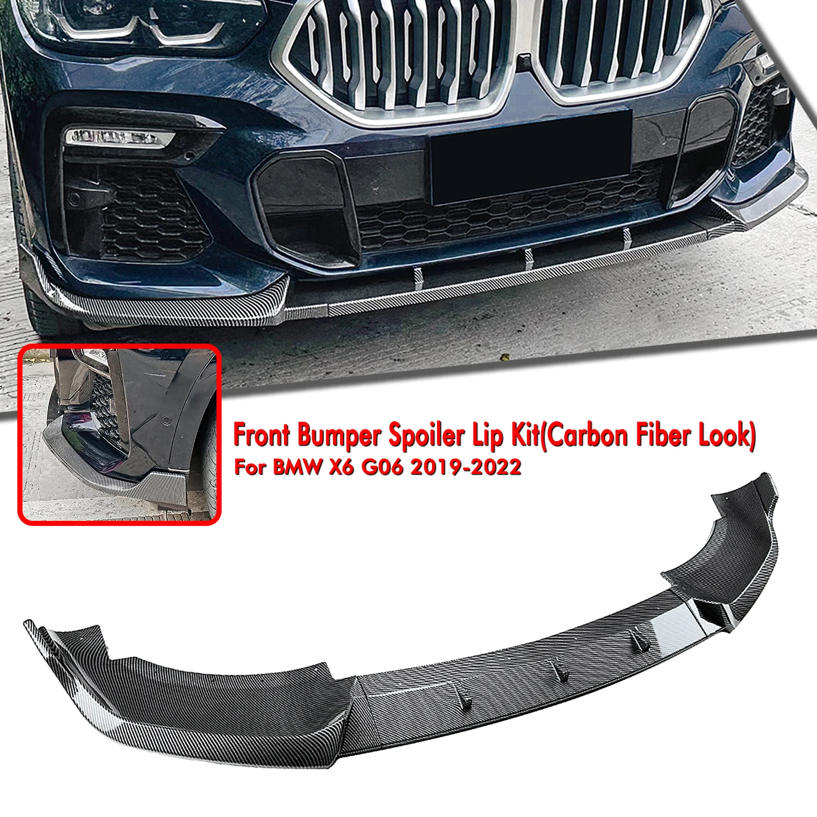 

Front Bumper Spoiler Lip For BMW X6 G06 M Sport 2019-2023 Carbon Fiber Look/Gloss Black Car Lower Body Splitter Protector Kit