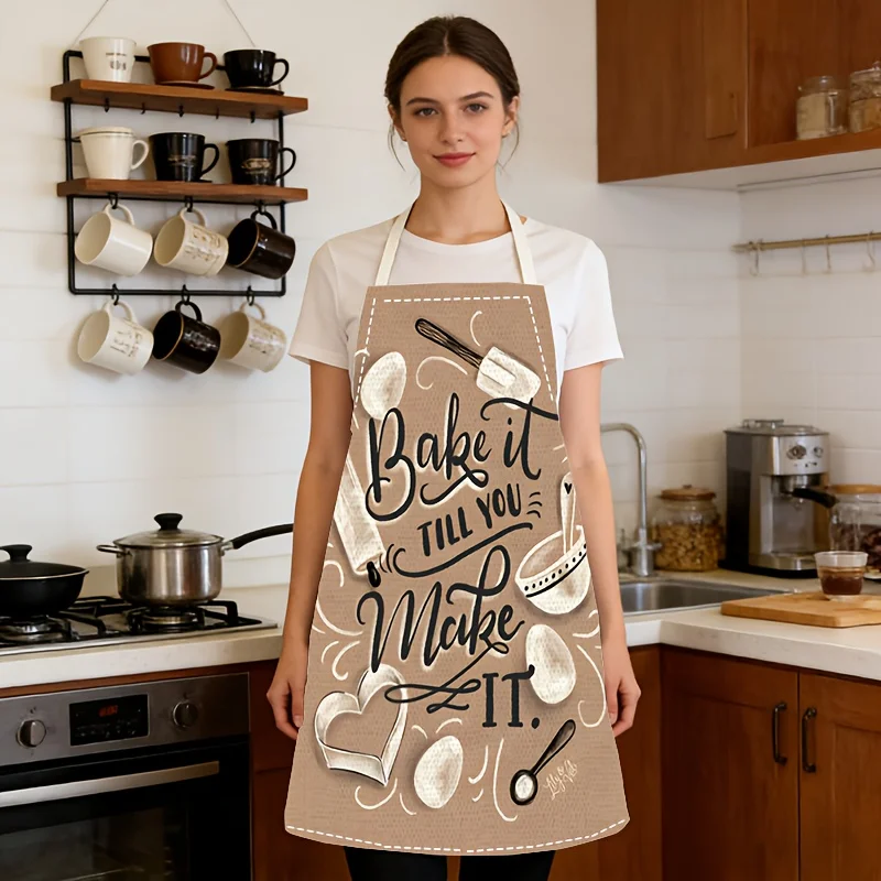 1pc Baking Quote Apron Beige Kitchen Utensil Print Linen Cotton Cooking Baking Gift For Baker Chef Mom
