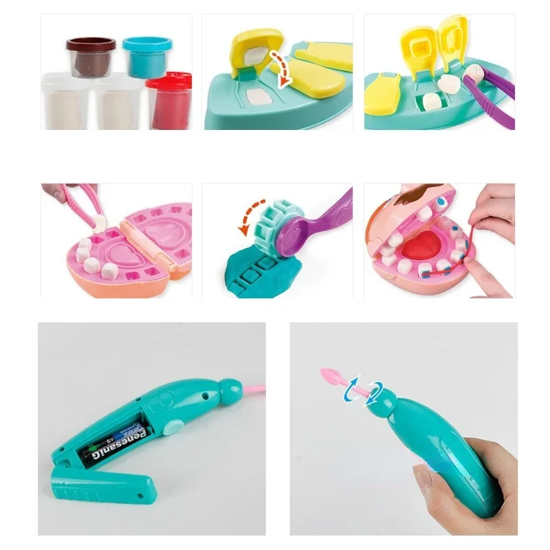 Crianças quebra-cabeça brinquedo médico conjunto luz argila plasticina ferramentas simulação jogar casa fingir dentista diy argila educacional molde de dente