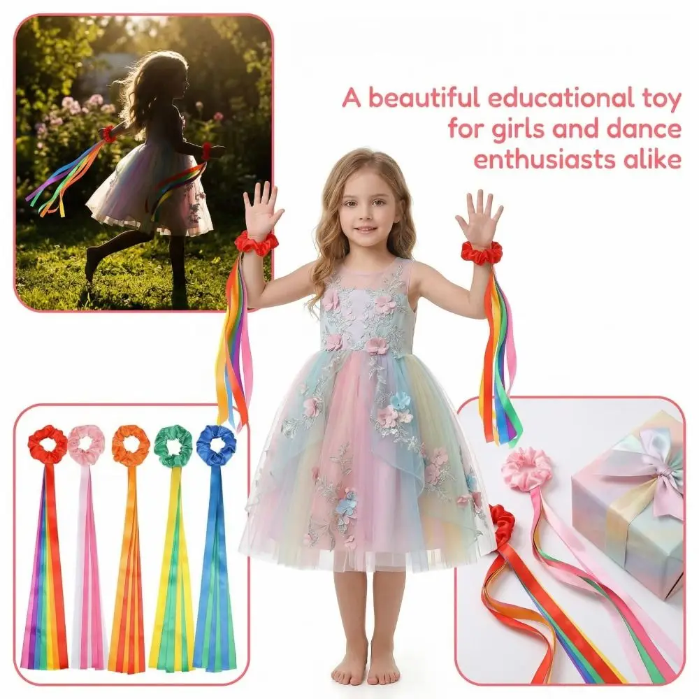

6Pcs Multicolor Wrist Streamers Rainbow Multi-purpose Gymnastics Long Ribbon Long Tassel Elastic Rainbow Dance Ribbons
