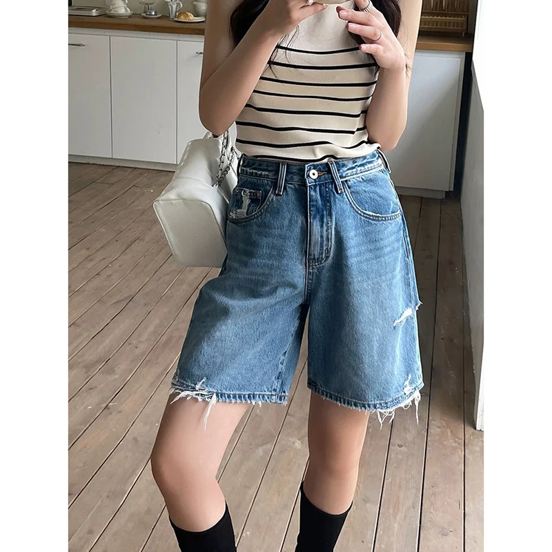 

YIBASHU 2026 Summer Women American Retro Gothic Ripped Denim Shorts Punk Y2K 2000s Japanese Harajuku High Street Blue Jean Pants