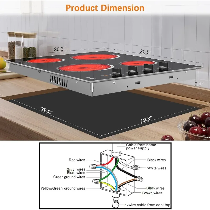 Electric Cooktop 30 Inch, 7400W Built-in Electric Stove Top 4 Burner, 220-240V Ceramic Hob with Glass Protection Metal Frame
