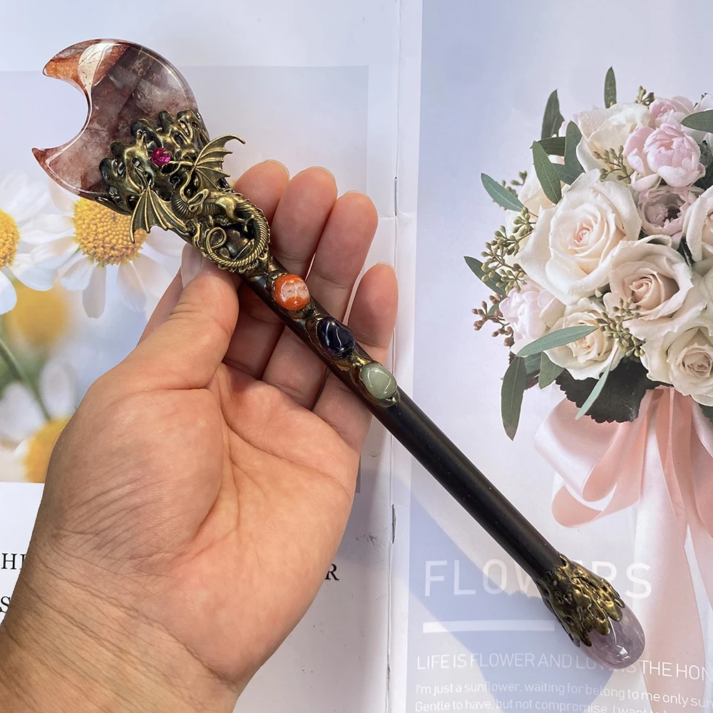 

Handmade Alloy Fly Dragon With Natural Red Fire Quartz Crystal Moon Magic Wand Healing Ornament For Home Decor