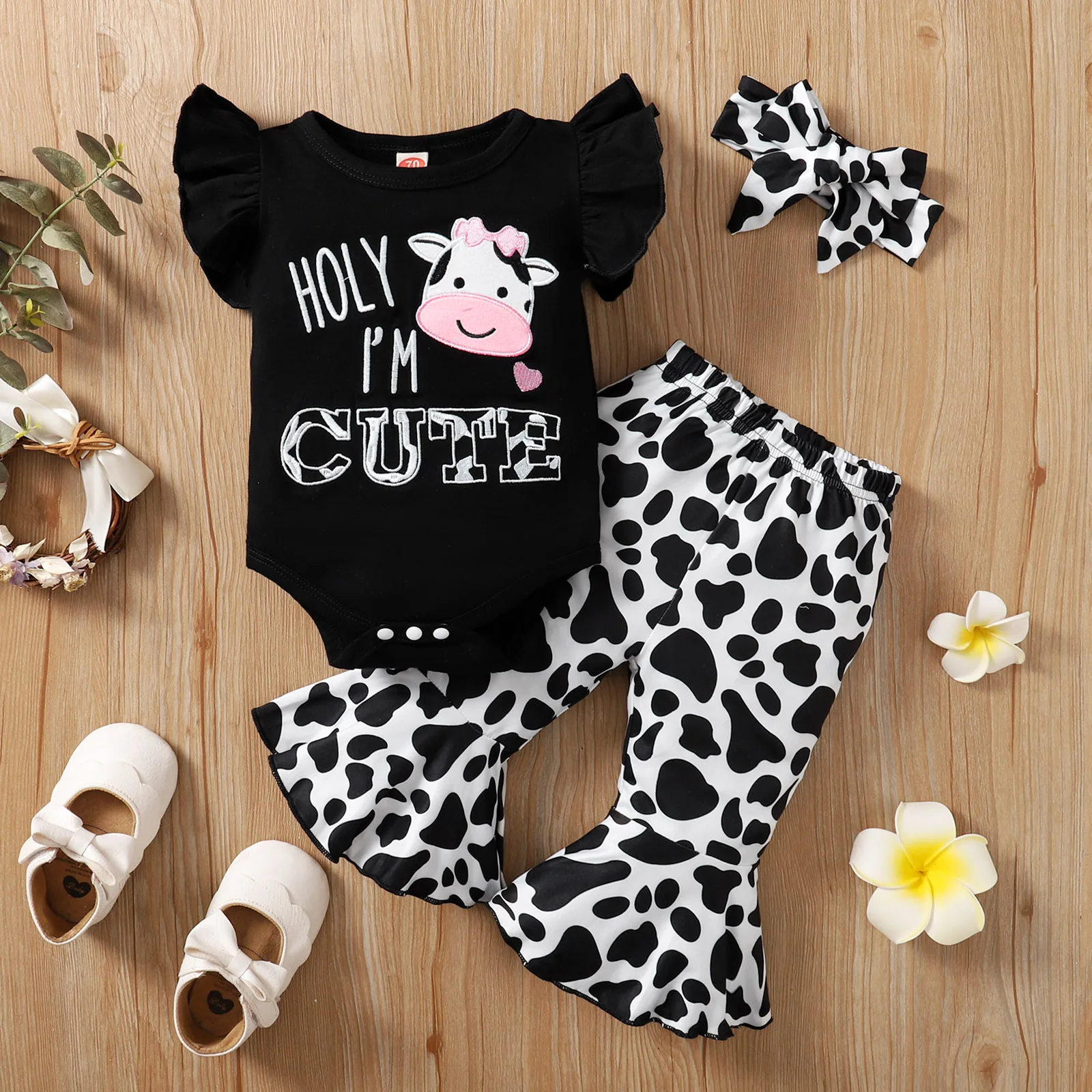 Summer Baby Girls Fashion Three-Piece Set Black Cartoon Cow Embroidery Short Sleeve Dress Personality Flare Pants Bow Headband