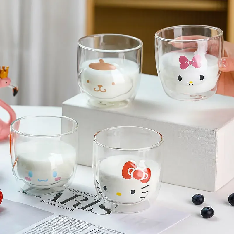 Hot Sanrios Hellokitty Double-Layer Glass Kawaii Ins Kuromi Milk Cup My Melody Kids Cute Coffee Cup Couple Home Office Drink Cup