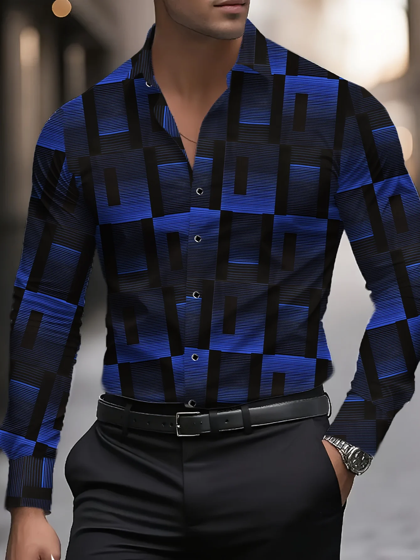 Trendy Men Button‑Up Shirt Retro Dark‑Tone Irregular Geometric Block Art Print Polyester Nightclub Casual