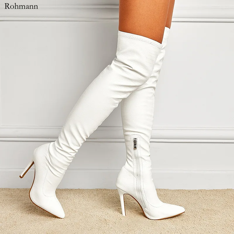 

White Sexy Over-The-Knee Side Zipper Slip-On Pointed Toe Shoes NEW Fashion Striped Thin Heels Ladies Boots