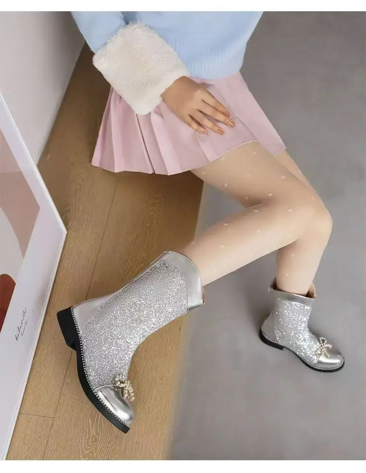 Sliver Gold Fashion Crystal Flower Lolita Style Bling Sequins Child Ankle Boots Low Heels Party Wedding Girl Shoes