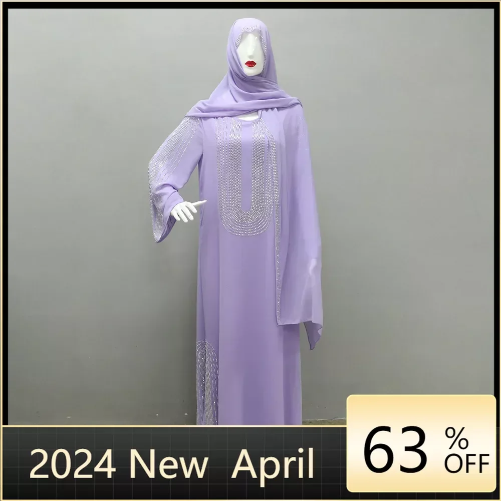 2024 Purple Orange Muslim Summer Autumn Elegant Long Sleeve V-neck Polyester Long Dress Maxi Dress Muslim Fashion Dresses