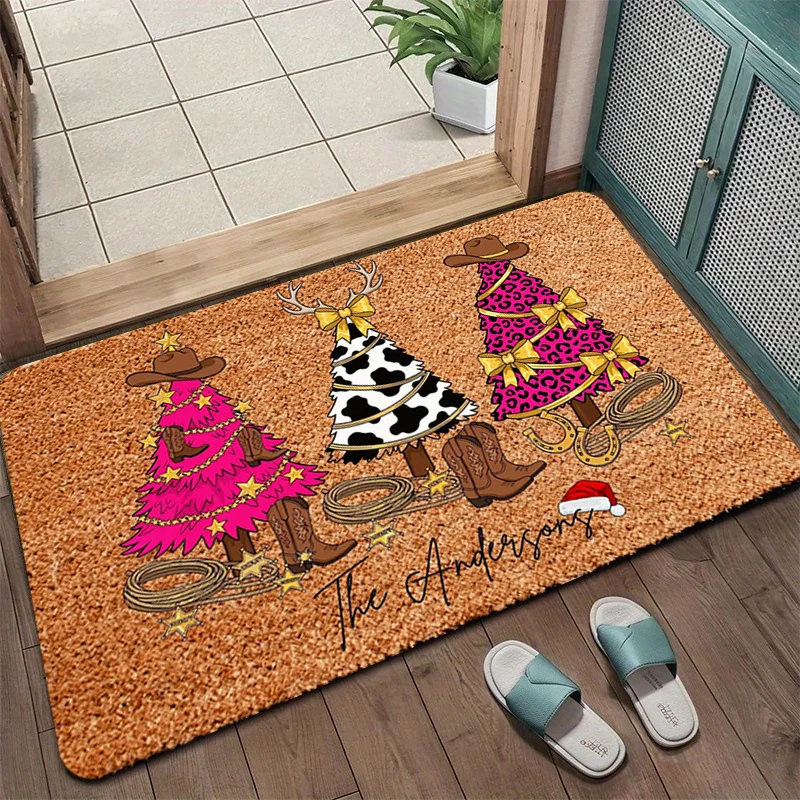 VIKAMA Christmas Welcome Mat Cowboy Trees Pink Leopard Cow Print Boots Front Rug Soft Non Slip Christmas Holiday Decor