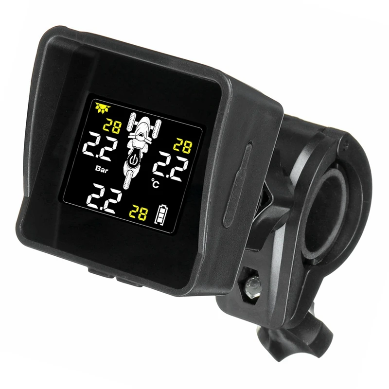 Solar sem fio pneu pressão monitoramento sistema, motocicleta tpms monitor, lcd display, 3 sensores externos, 2x