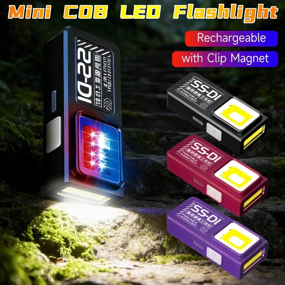 Powerful Mini COB LED Keychain Flashlight USB C Rechargeable Hanging Work Light Keyring Camping Walking Pocket Lamp with Clip